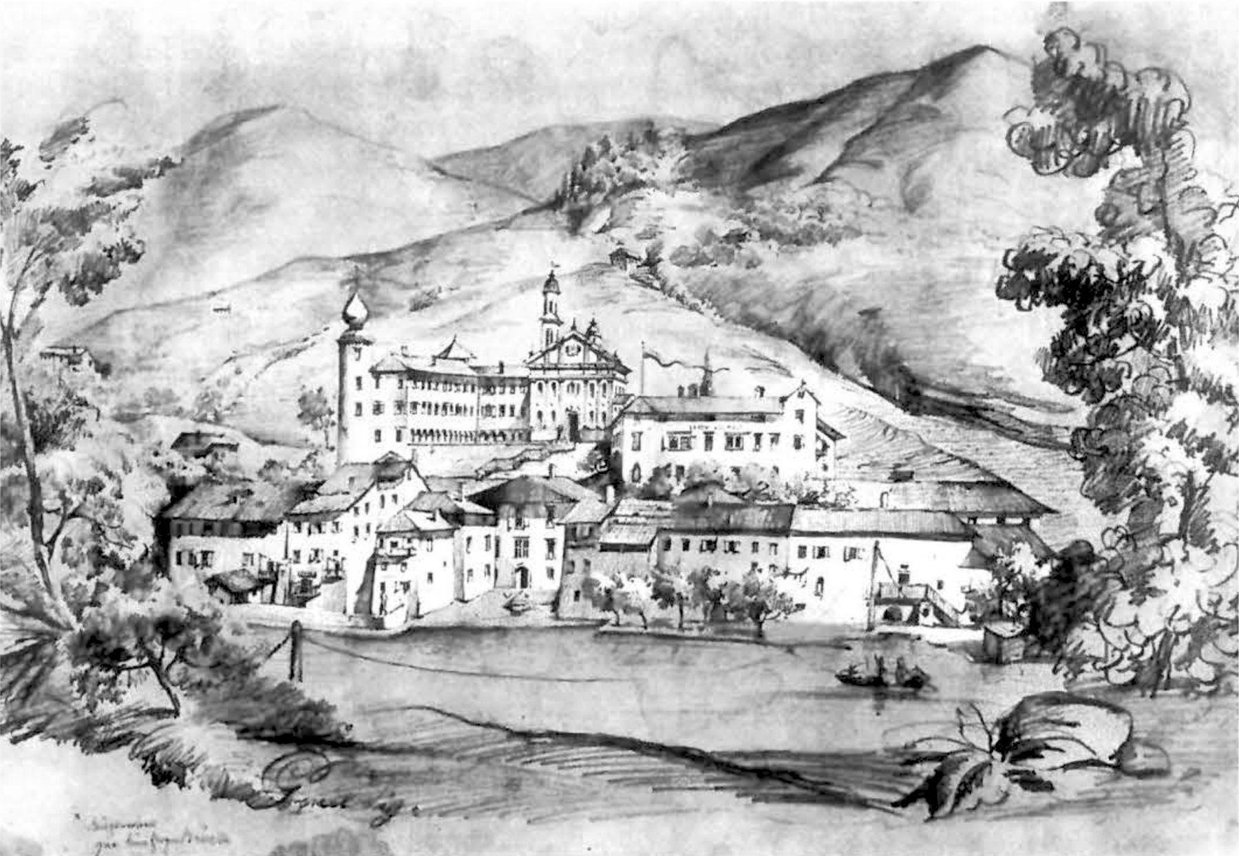 Ansicht der Stiftsanlage von St. Michael nach 1874.png